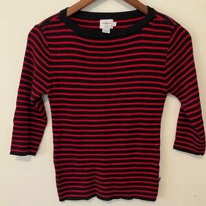 VTG Calvin Klein Womens Red Black Stripe Ribbed 3/4 Sleeve Petite Sm Fitted Y2K
